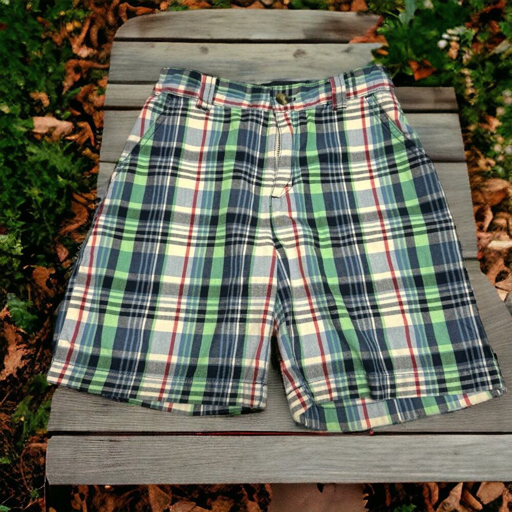 Gymboree Boys Shorts Sz 7 Green Navy Blue Red White Plaid Adjustable Waist